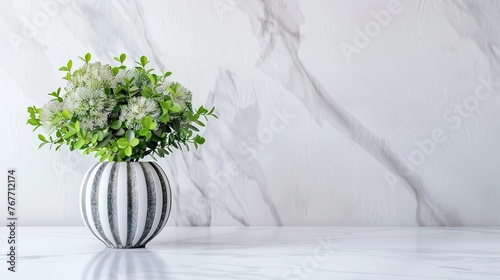 A white and black vase with green leaves sits on a marble countertop. The vase is filled with white flowers  giving the impression of a fresh and clean environment