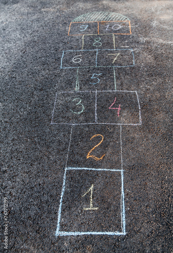 leisure games and childhood concept - close up of hopscotch chalk drawing on asphalt pavement
