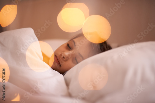 Peace, sleeping and girl child relax in a bed with comfort, dreaming or resting at home. Sleep, dream or calm female kid person in a bedroom for vacation, holiday and quiet night snooze in a house