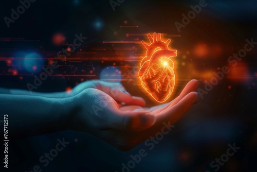 Hand holding virtual hologram heart shape © Anns