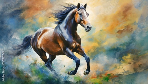 watercolor painting of a horse.a captivating animal poster wall art featuring a majestic running horse in full stride, exuding power and grace. Use dynamic composition and fluid brushstrokes to convey