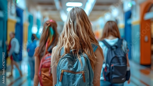 Teenagers outdoor at school enjoying life, back view, School friends walking in the hallway, back view, ai generated 