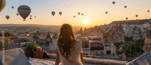 A woman is sitting on a ledge overlooking a city with many hot air balloons in the sky. The scene is serene and peaceful, with the woman enjoying the view and the beauty of the hot air balloons