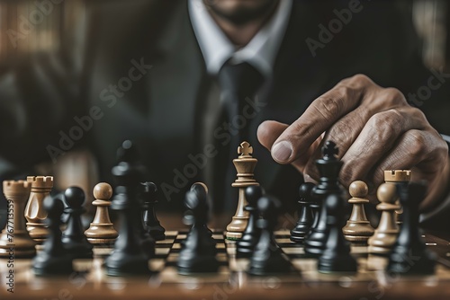 A businessman strategizing a chess game symbolizing leadership teamwork and competition in business. Concept Business Leadership, Team Strategy, Competitive Chess Game