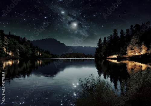 beautiful night scene of a calm lake hyper realistic illustration