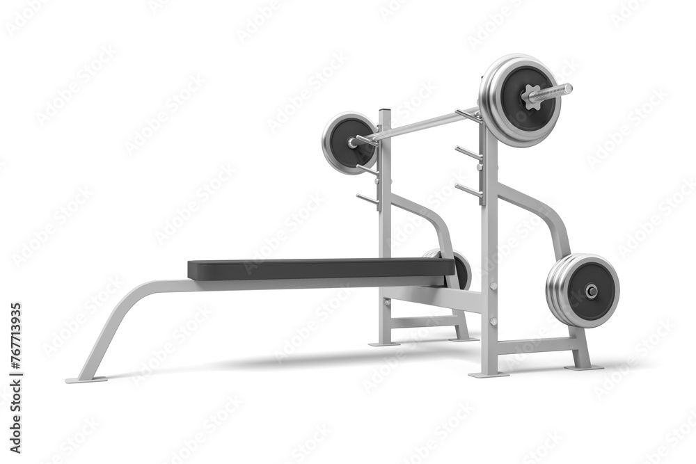 Weight bench with barbell in gym setting Weight bench with barbell in gym setting