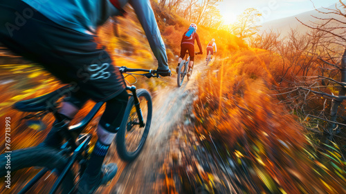 Mountain Bikers Racing Downhill at Sunset, Blurred Motion Emphasizing Speed and Adventure