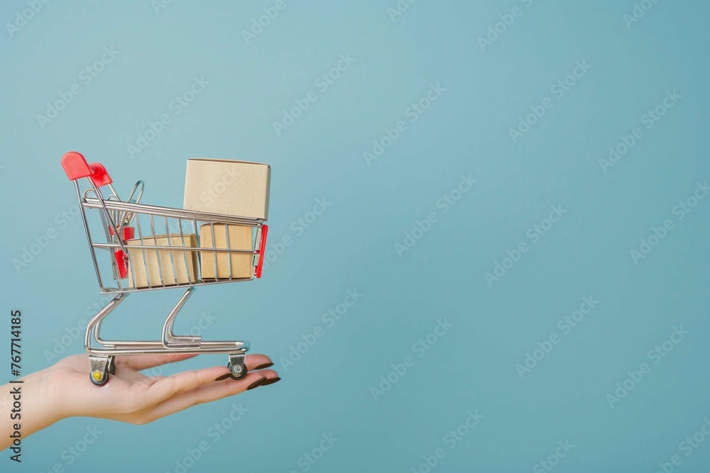 Toy shopping cart with boxes in female hand over