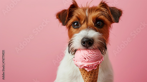 dog with ice cream on pink background, summertime