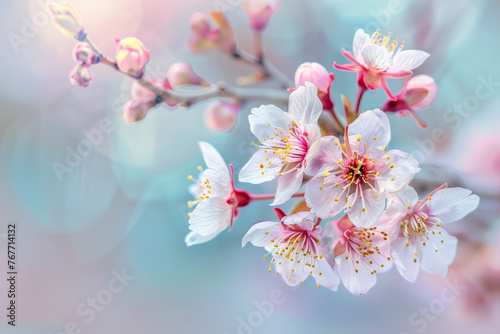 Cherry blossoms in full bloom with soft spring background and warm sunlight