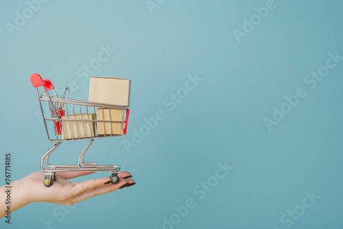 Toy shopping cart with boxes in female hand over © Anns