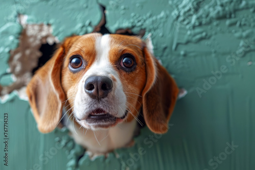 Beagle dog peering through a torn wall, embodying playfulness and curiosity