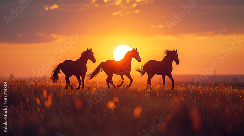 Horses on the sunset background