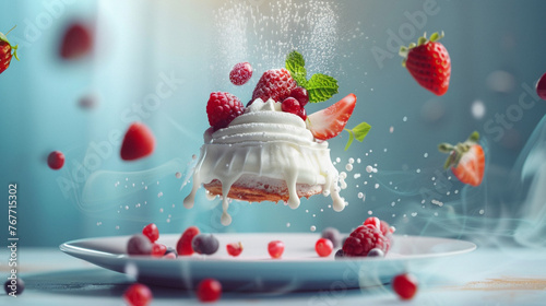 White whipped cream cake on pastel background with Generative Ai. Strawberry dessert food levitation concept. © yayha