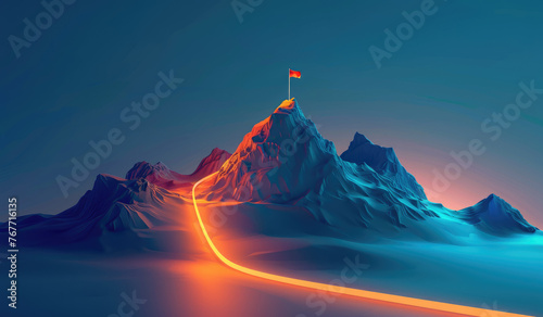 3d vector render of an isolated mountain with glowing light trail, flag on the top and path to it photo