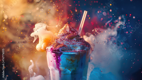 photo of a milkshake in space where it looks like the milkyway is bursting from the milkshake , colorful content