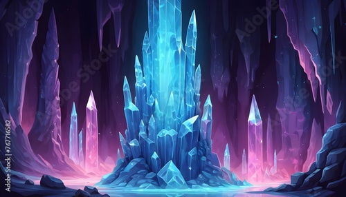 Abstract holographic low-poly fantasy crystal glass blue stalagmites background photo