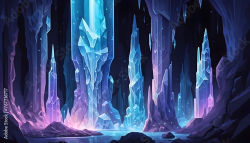 Abstract holographic low-poly fantasy crystal glass blue stalagmites background