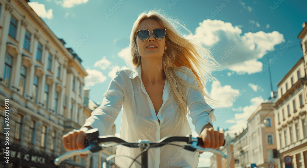 A beautiful blonde woman riding her bike through the streets of Riga