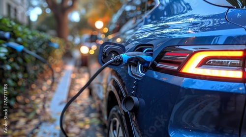 Blue electric car at charging station receiving energy