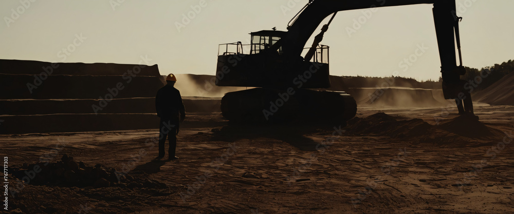 A silhouette of a person standing in front of a Excavator Loading Sand In Industrial Truck