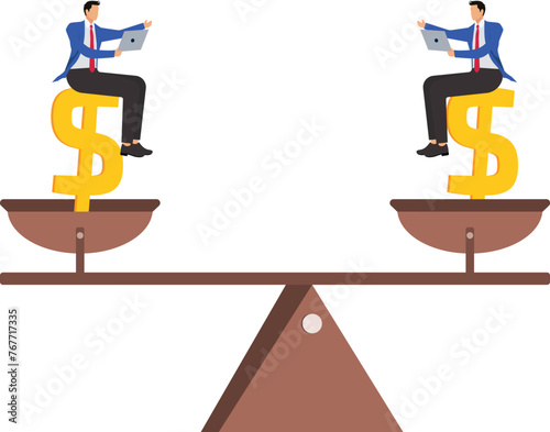 Economic and financial market or stock market price fluctuations, instability and problems in economic recovery, devaluation or appreciation of currency or wealth, two businessmen sitting on a see-saw