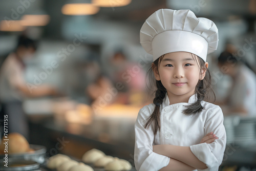An Asian girl kid master chef wearing a white chef's hat stands confidently, crossing his arms in front of her. 