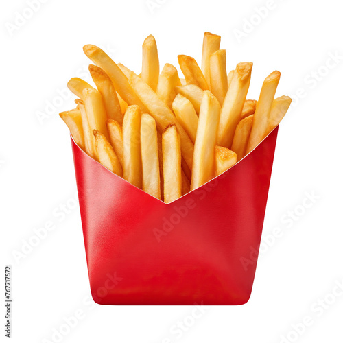 Delicious french potato fries in a red carton package box, cut out