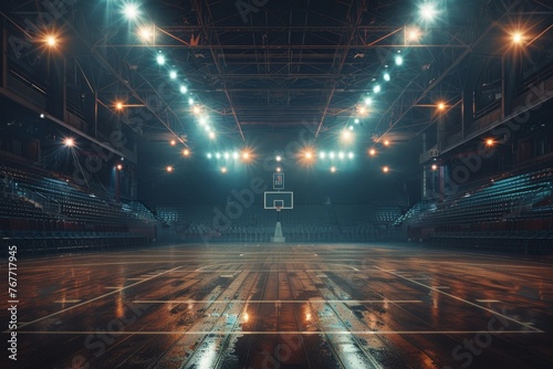 Empty basketball arena stadium sports ground with flashlights and fan sits © Ariful