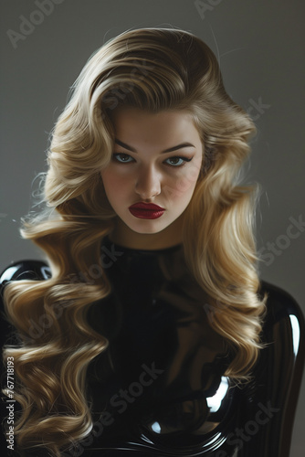 beautiful blonde pinup dominatrix woman wearing black latex with red lipstick looking at camerea