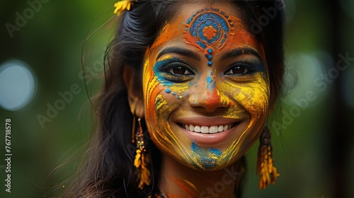 Smiling faces with colorful makeup in cultural tradition on defocused background © chelmicky