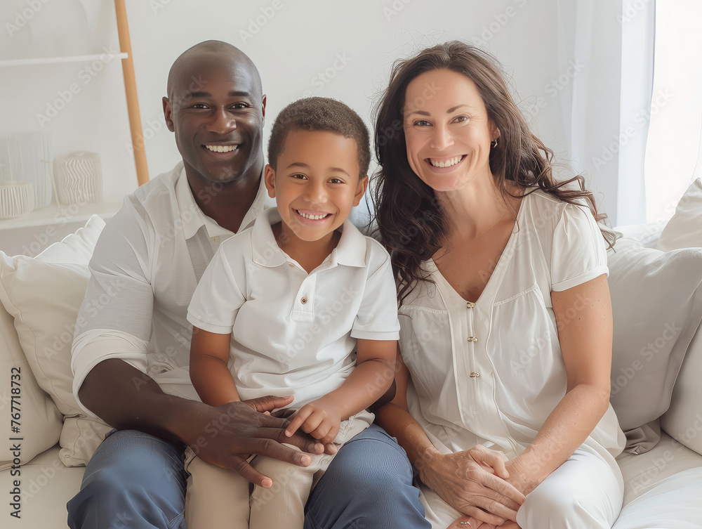 Happy multiracial family on a sofa portrait smiling, Concept of inclusivity