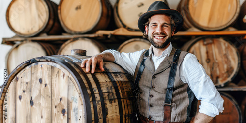 Young Caucasian white German smiling man in traditional lederhosen leaning against a beer barrel. Concept of Oktoberfest or Octoberfest photo
