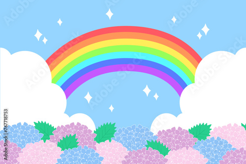 紫陽花と虹の背景イラスト