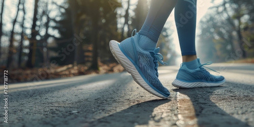 Cropped shot view of woman's hands tie shoelaces while standing on road for jogging against sunset, young athletic female tying the laces on her running shoes while taking break during intense workout