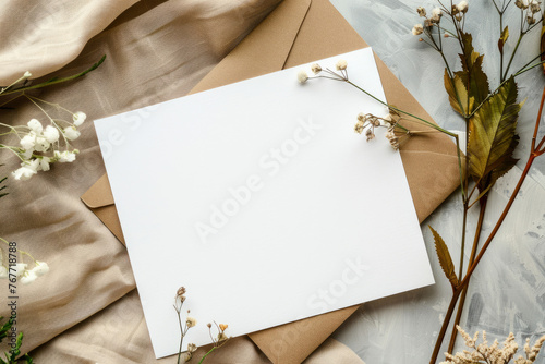 Winter invitation mockup. Blank Christmas greeting card, invitation mock up template with dry plant in sunlight. Wooden plate, tray on linen tablecloth. Festive still life. Flat lay, top view.