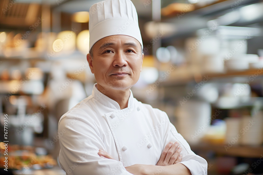 An Asian master chef wearing a white chef's hat stands confidently, crossing his arms in front of him. Behind him, the kitchen is blurred, suggesting a busy and bustling culinary environment. Th An Asian master chef wearing a white chef's hat stands confidently, crossing his arms in front of him. Behind him, the kitchen is blurred, suggesting a busy and bustling culinary environment. Th