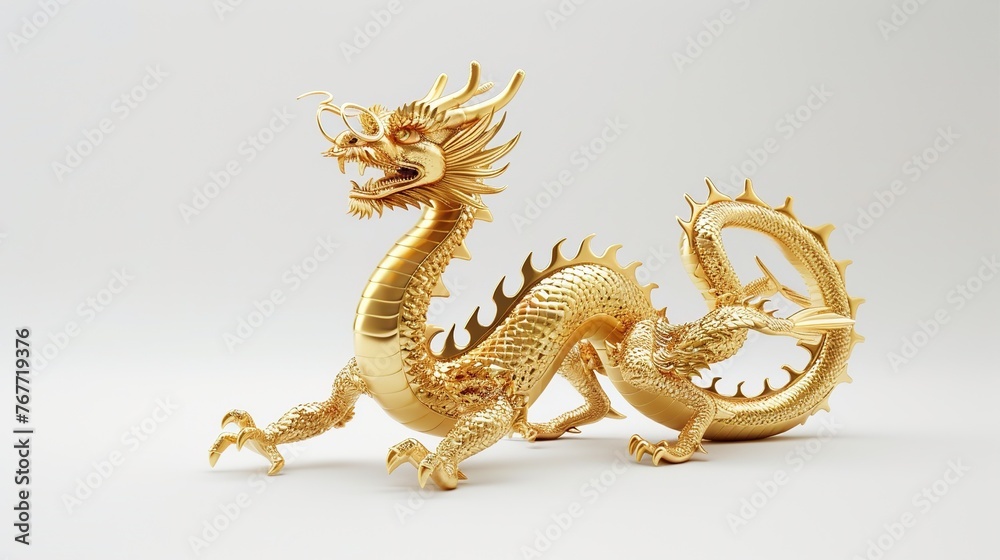 Fototapeta premium Chinese Golden Dragon on White Background. Gold, Traditional, Religion, Tradition, Holy, Wealth, Religious, Symbolic, Year, Luck, God, Monster, Faith, Figure, Feng, Shui, Tao 