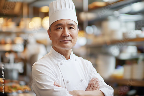 An Asian master chef wearing a white chef's hat stands confidently, crossing his arms in front of him. Behind him, the kitchen is blurred, suggesting a busy and bustling culinary environment. Th