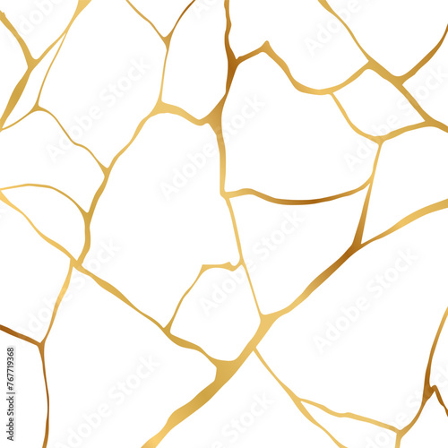 Gold kintsugi crack repair marble texture vector illustration isolated on white background. Broken foil marble pattern with golden dry cracks. Wedding card, cover or pattern Japanese motif background. photo