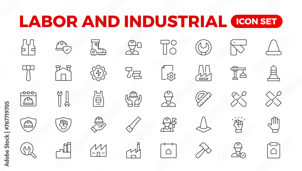 Labor and Industrial icon set. Line set of Engineer, Gear, and Gears mechanical machine icons. Manufacturing and Engineering line icon set. Production, Setting, Industrial Factory, Labour, Labor and Industrial icon set. Line set of Engineer, Gear, and Gears mechanical machine icons. Manufacturing and Engineering line icon set. Production, Setting, Industrial Factory, Labour,