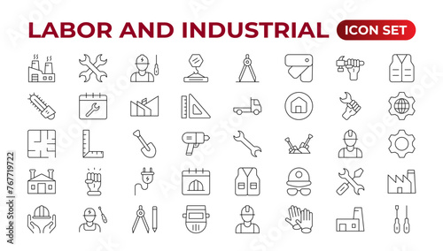 Labor and Industrial icon set. Line set of Engineer, Gear, and Gears mechanical machine icons. Manufacturing and Engineering line icon set. Production, Setting, Industrial Factory,  Labour,