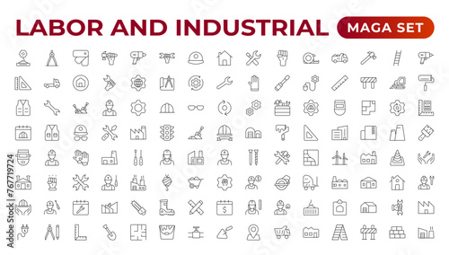 Labor and Industrial icon set. Line set of Engineer, Gear, and Gears mechanical machine icons. Manufacturing and Engineering line icon set. Production, Setting, Industrial Factory, Labour,
