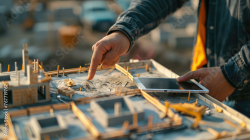 Hyper realistic colour photograph, of a miniature construction site with a close up of a person pointing with a tablet
