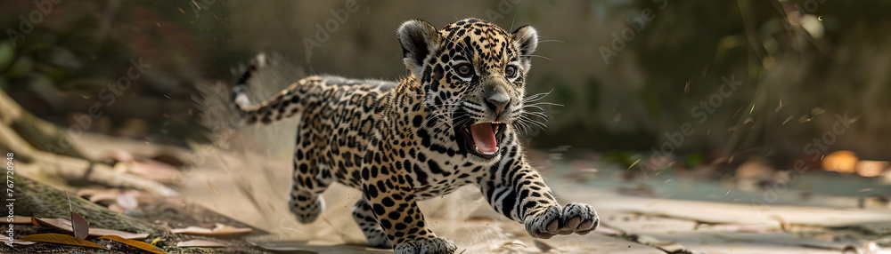 Obraz premium Jubilant Jaguar Cub Playfully Pouncing - Amazonian Joy
