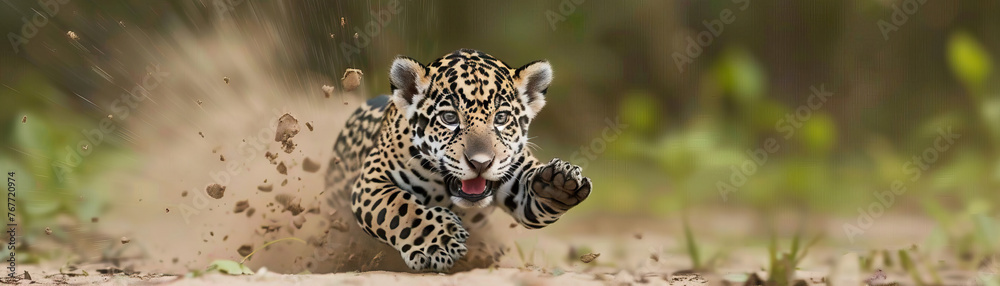 Obraz premium Jubilant Jaguar Cub Playfully Pouncing - Amazonian Joy