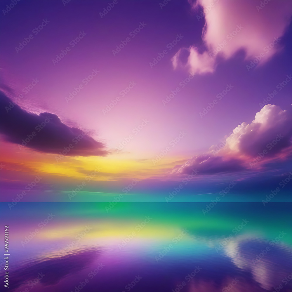 Abstract colorful background. Purple green yellow sky with clouds. Copy space. For design. Multicolored. Beautiful fantasy sky. Magical, fantastic. Web banner. Wide. Panoramic.