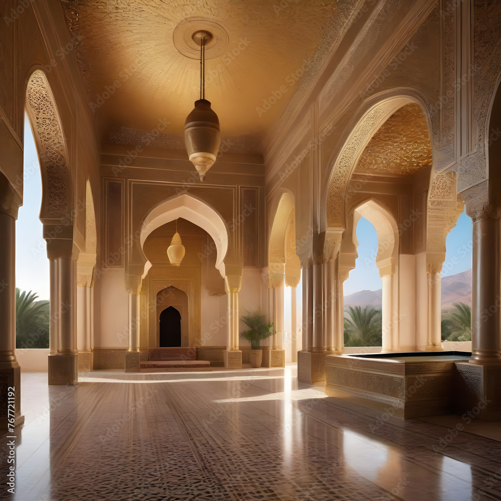 A breathtaking photorealistic scene of a treasure hall within a lavish Moroccan palace during the 1930s.