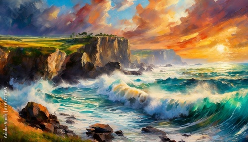 sunset over the sea.an eye-catching wall art poster showcasing the breathtaking beauty of a coastal seascape, with rolling waves crashing against rocky cliffs under a majestic sky. Utilize dynamic com
