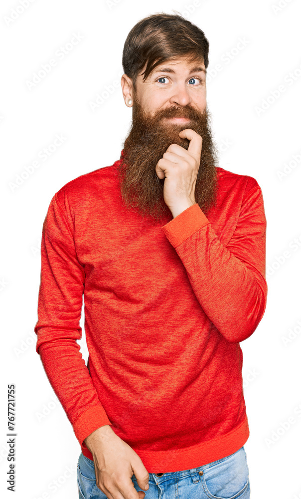 Redhead man with long beard wearing casual clothes looking confident at the camera with smile with crossed arms and hand raised on chin. thinking positive. Redhead man with long beard wearing casual clothes looking confident at the camera with smile with crossed arms and hand raised on chin. thinking positive.